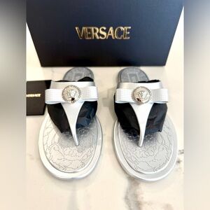 Versace Silver Bow Flip Flops